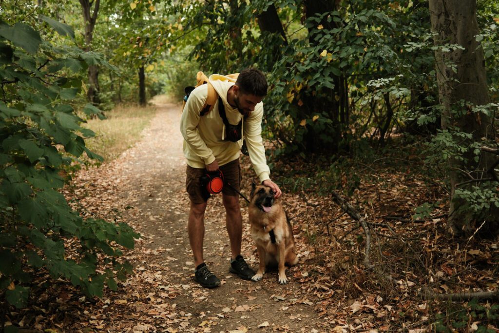 Man in a light hoodie kneels on a leaf-strewn forest path to pet his dog with a leash in hand. nearby backpack and gear visible on the man.