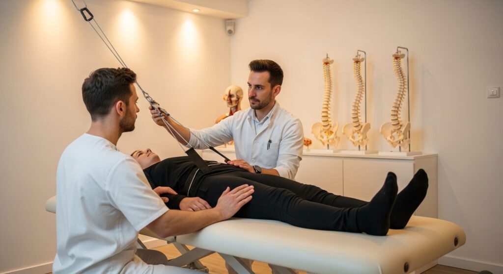 Chiropractor and assistant apply spinal traction to a patient lying on a treatment table in a clinic, using a harness and straps.