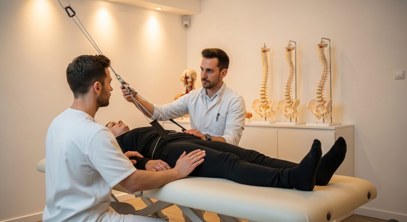 Chiropractor and assistant apply spinal traction to a patient lying on a treatment table in a clinic, using a harness and straps.