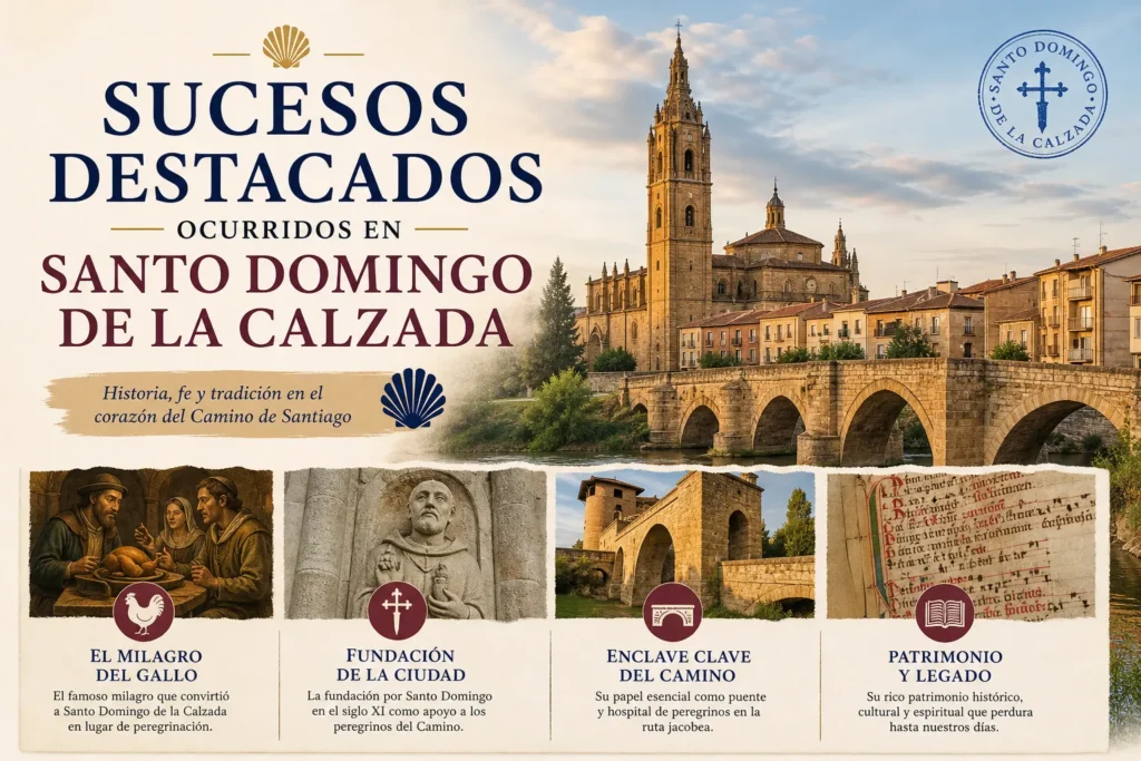 Cartel turístico en español mostrando los 'Sucesos Destacados' de Santo Domingo de la Calzada, con un puente medieval y la catedral al fondo,