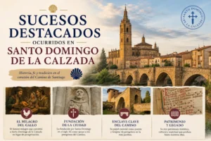 Cartel turístico en español mostrando los 'Sucesos Destacados' de Santo Domingo de la Calzada, con un puente medieval y la catedral al fondo,